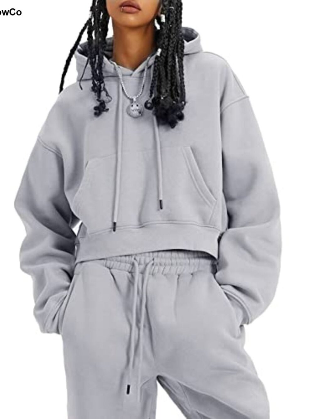 Fleece 2 Piece Crop Hoodie and Jogger Sweatsuit Set Thumbholes Kangaroo Pocket